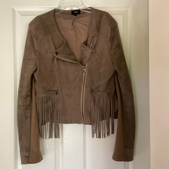 Fate Jackets & Blazers - Fate Taupe Fringe Faux Suede Moto Jacket Large